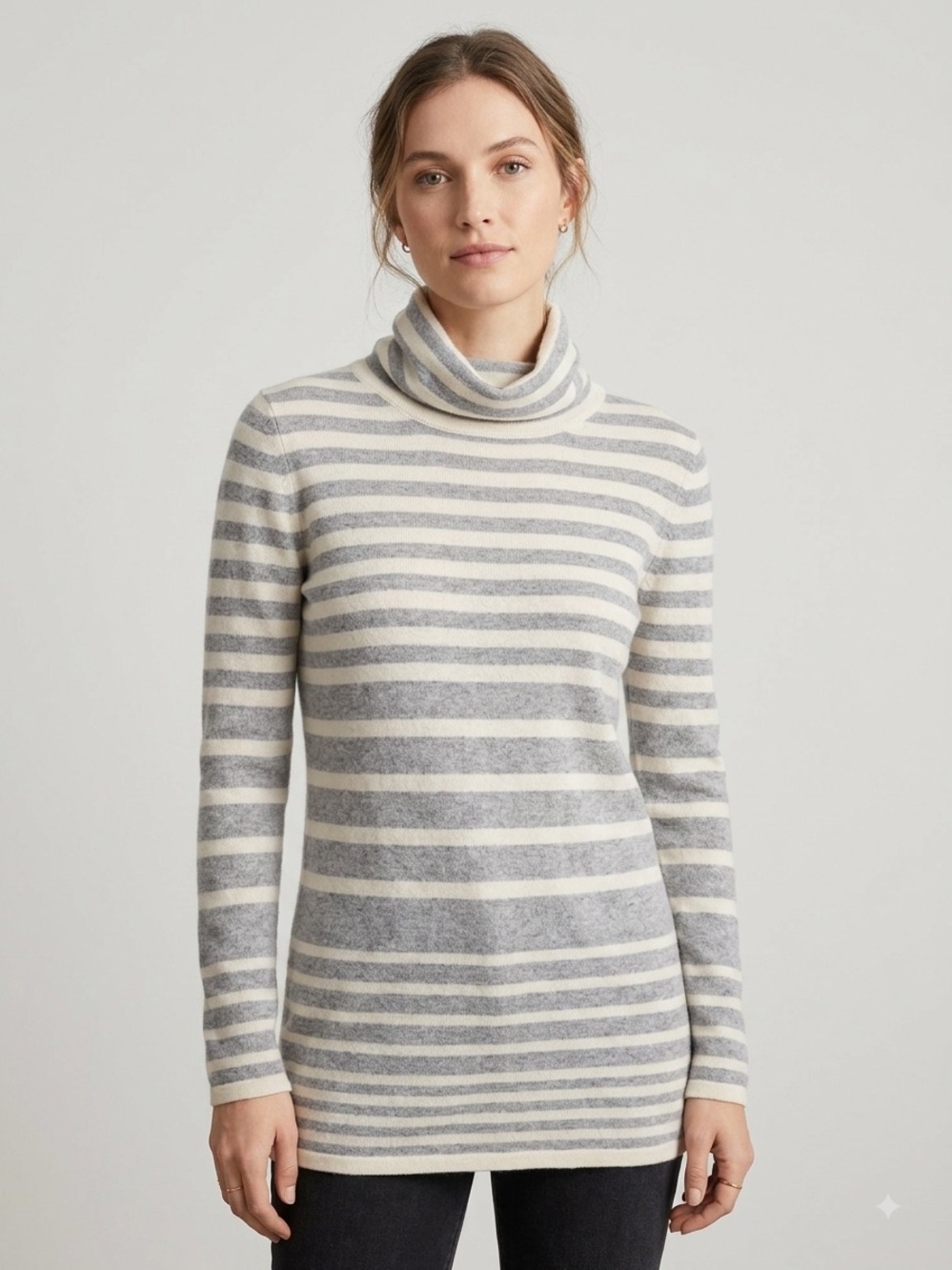 Black Goat Cashmere Cream and Grey Striped Roll Neck Tunic Sweater Size S